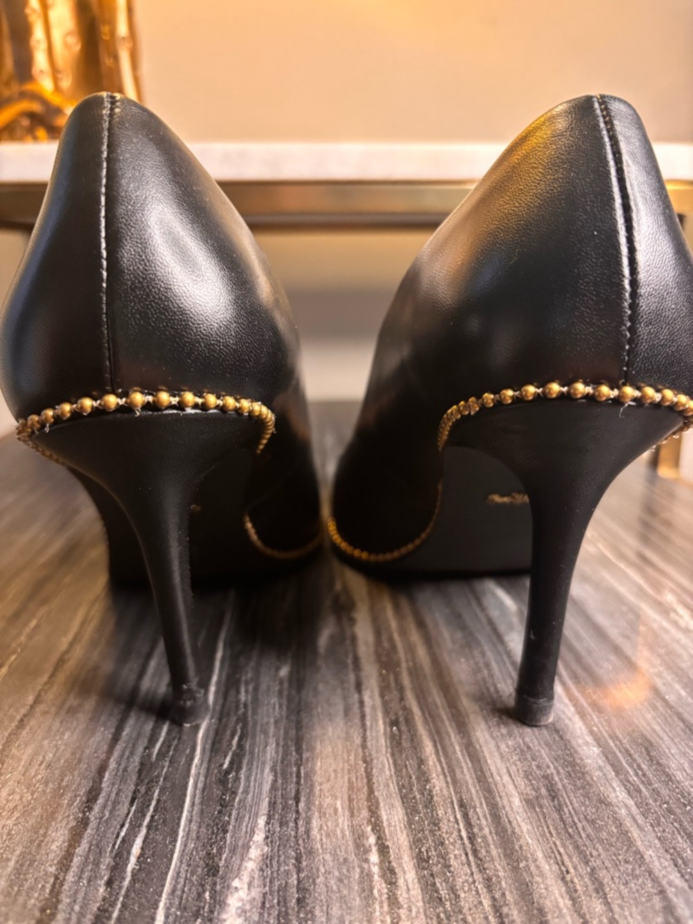 Coach Waverly black leather pump gold bead trim pointed toe size 8 - Picture 6 of 9